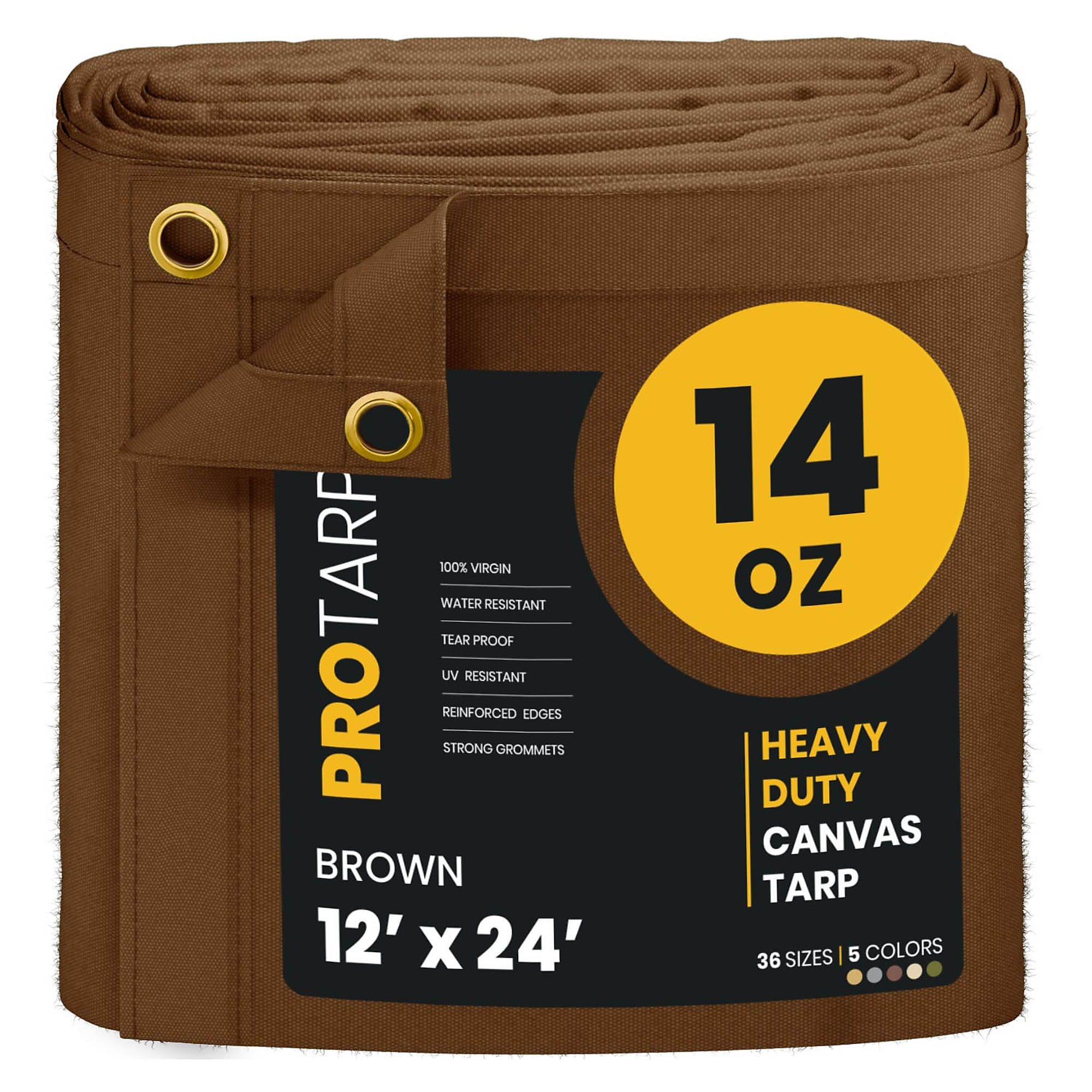 Protarp Heavy Duty Canvas Tarp — 12ft. x 24ft., 14 Oz., Water-Resistant, UV-Resistant, Rustproof Brass Grommets, Brown, Model# PT-302-12X24